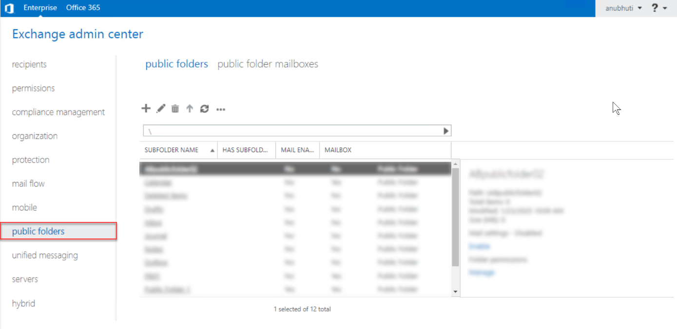 Login to Exchange Admin Center and select public folders.